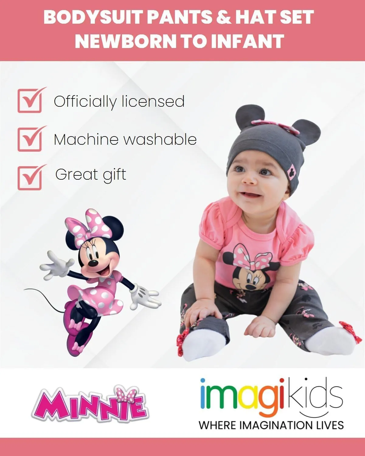 Disney Mickey Mouse Minnie Mouse Lion King Winnie The Pooh Baby Bodysuit Pants and Hat 3 Piece Outfit Set Newborn to Infant