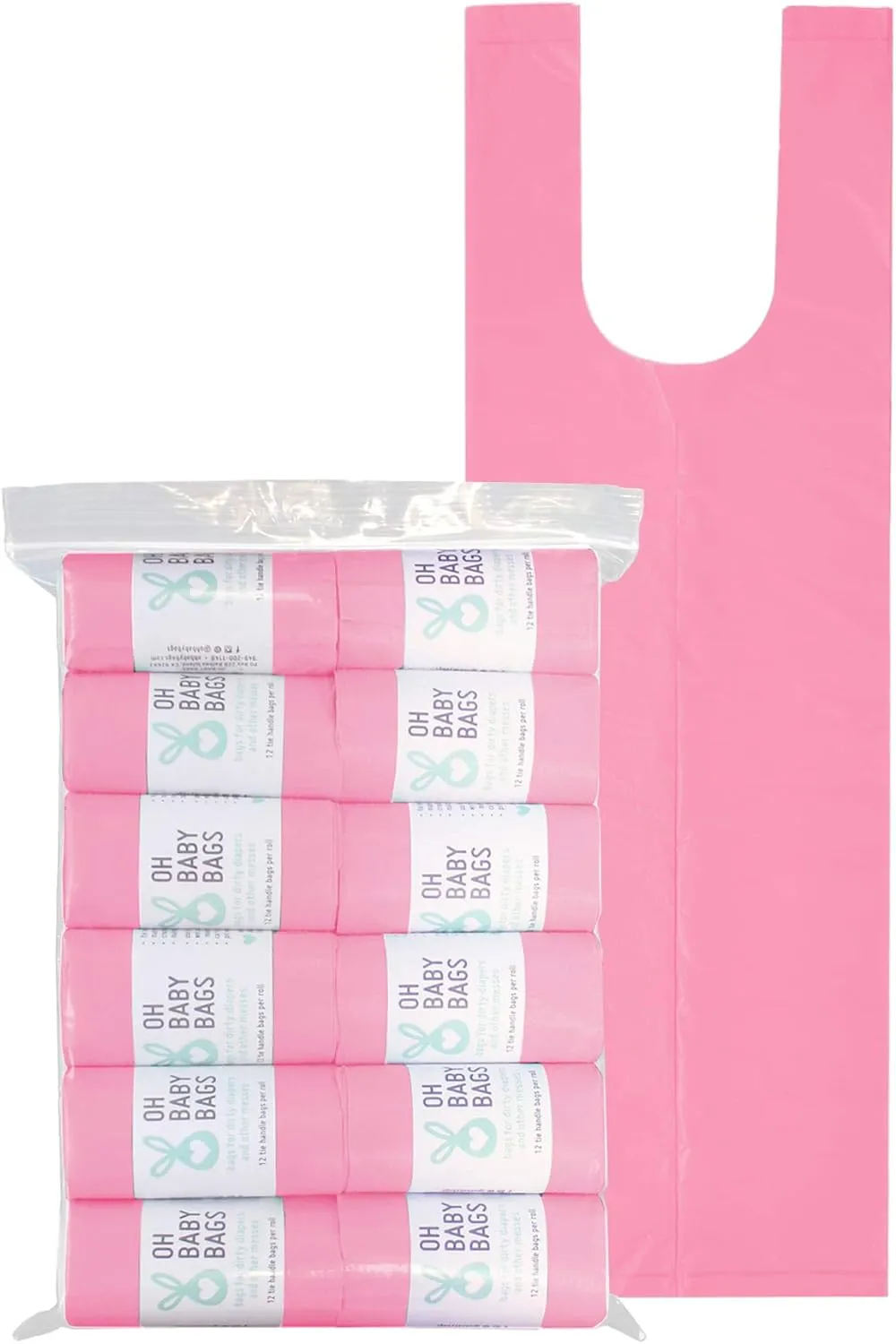 Disposable Dirty Diaper Bags, 144 Count, 12 Rolls of Large Tie Handle Bags, Scented (Pink)