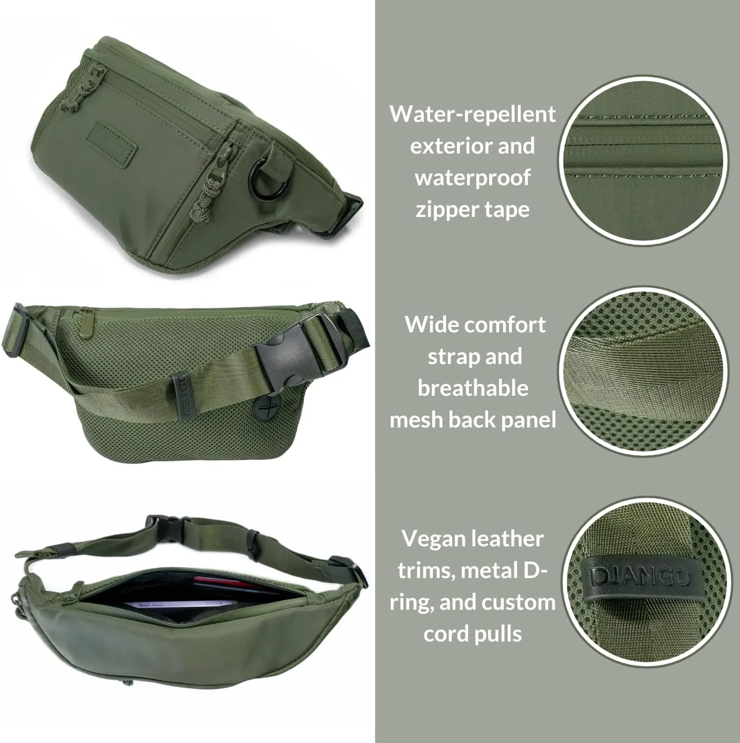 DJANGO Nolita Belt Bag - Modern Crossbody Bag - Dog Walking Crossbody Fanny Pack for Women and Dog Parents with Multiple Compartments - Crossbody Travel Bag with Adjustable Strap (Olive Green)