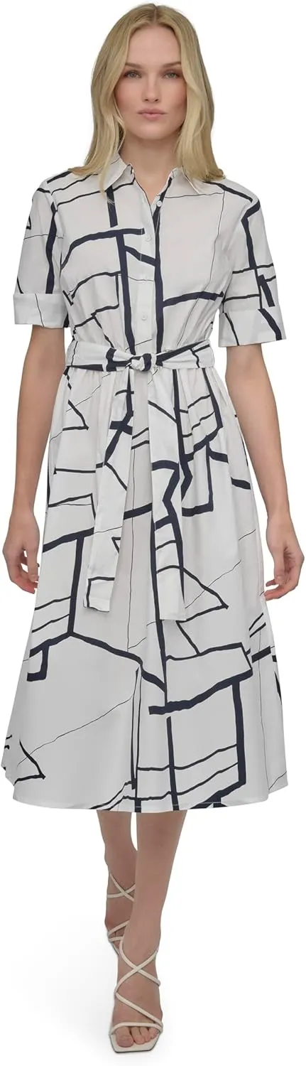 DKNY Women's Short Sleeve Cotton Poplin Collared Shirtdress