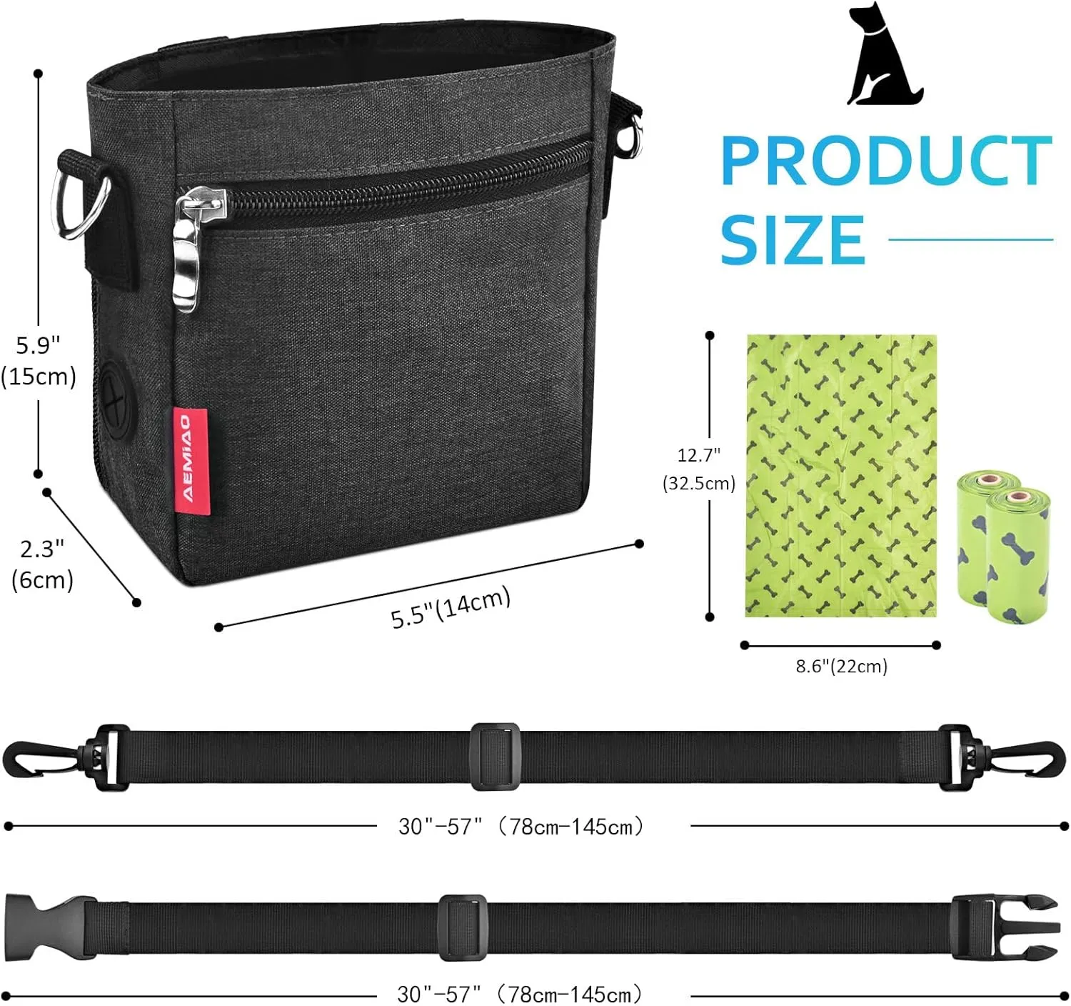 Dog Treat Pouch Magnetic Closure, Puppy Training Bag with Removable Liner, Hands-Free Snack Bag for Dog with Adjustable Waist & Shoulder Belt, 2 Roll of Poop Bags for Free (Dark Grey)