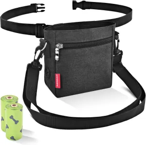Dog Treat Pouch Magnetic Closure, Puppy Training Bag with Removable Liner, Hands-Free Snack Bag for Dog with Adjustable Waist & Shoulder Belt, 2 Roll of Poop Bags for Free (Dark Grey)