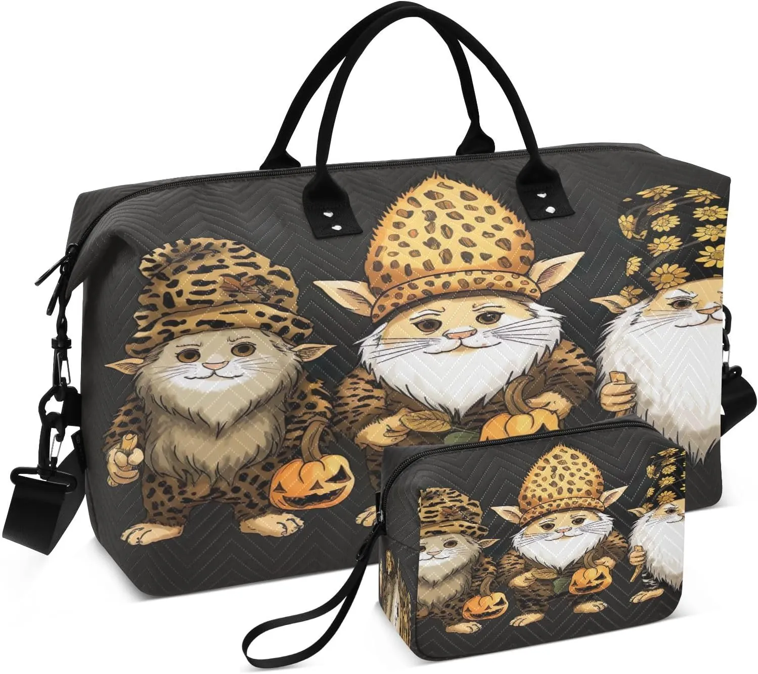 DOMIKING Cute Gnomes Dwarf Black Travel Duffle Bag Foldable Weekender Overnight Bags for Women Men Carry On Gym Bag Personal Item Travel Bag with Toiletry Bag for Trip Sport Gym Business, 2 Pcs