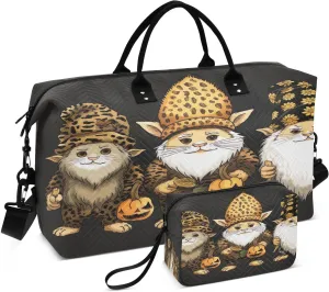 DOMIKING Cute Gnomes Dwarf Black Travel Duffle Bag Foldable Weekender Overnight Bags for Women Men Carry On Gym Bag Personal Item Travel Bag with Toiletry Bag for Trip Sport Gym Business, 2 Pcs