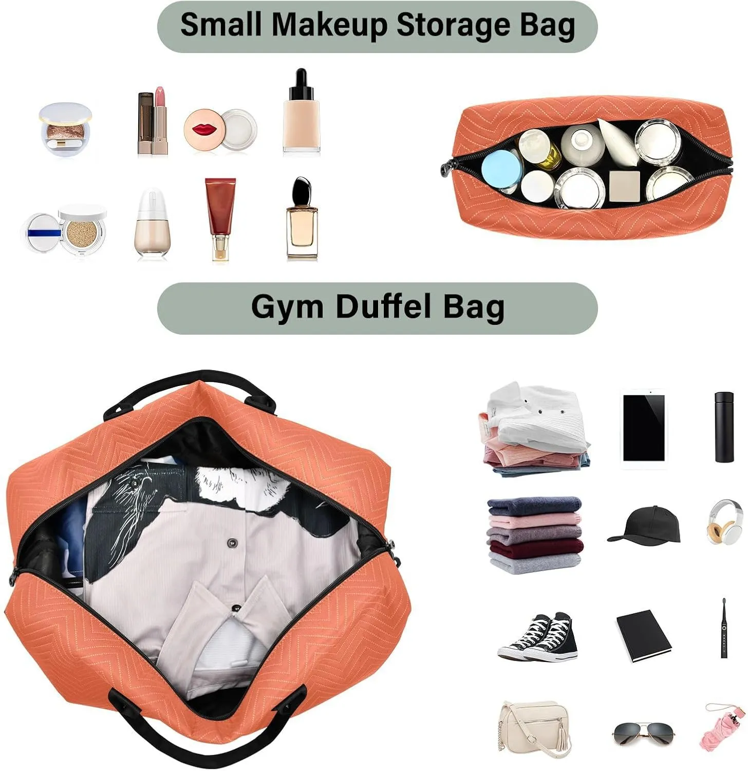 DOMIKING Dark Orange Personalized Duffel Bag Foldable Weekender Bag Overnight Bags for Women Men Custom Travel Bag with Toiletry Bag for Trip Gym Business, 2 Pcs