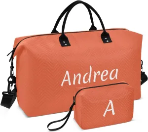 DOMIKING Dark Orange Personalized Duffel Bag Foldable Weekender Bag Overnight Bags for Women Men Custom Travel Bag with Toiletry Bag for Trip Gym Business, 2 Pcs