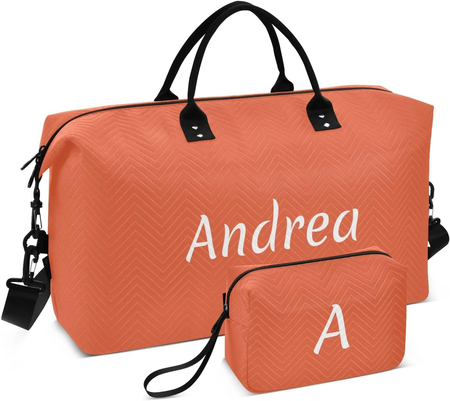 DOMIKING Dark Orange Personalized Duffel Bag Foldable Weekender Bag Overnight Bags for Women Men Custom Travel Bag with Toiletry Bag for Trip Gym Business, 2 Pcs