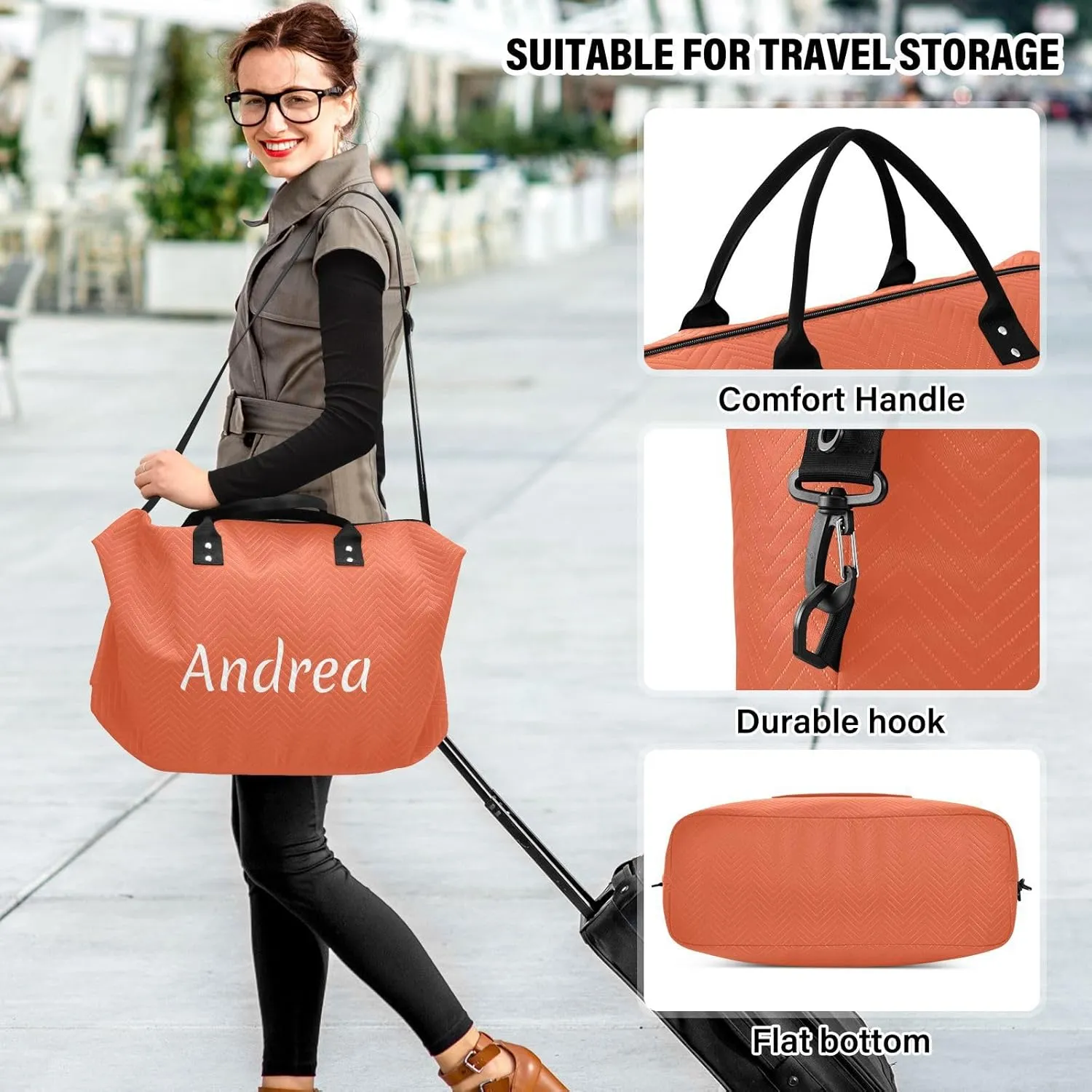 DOMIKING Dark Orange Personalized Duffel Bag Foldable Weekender Bag Overnight Bags for Women Men Custom Travel Bag with Toiletry Bag for Trip Gym Business, 2 Pcs