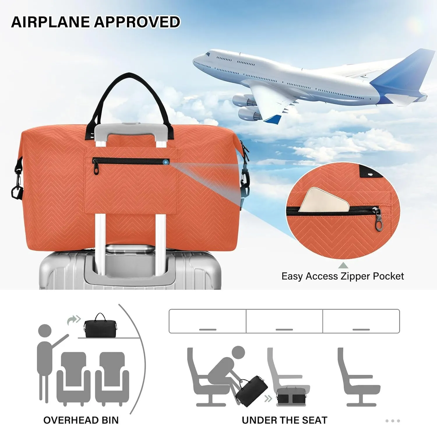 DOMIKING Dark Orange Personalized Duffel Bag Foldable Weekender Bag Overnight Bags for Women Men Custom Travel Bag with Toiletry Bag for Trip Gym Business, 2 Pcs
