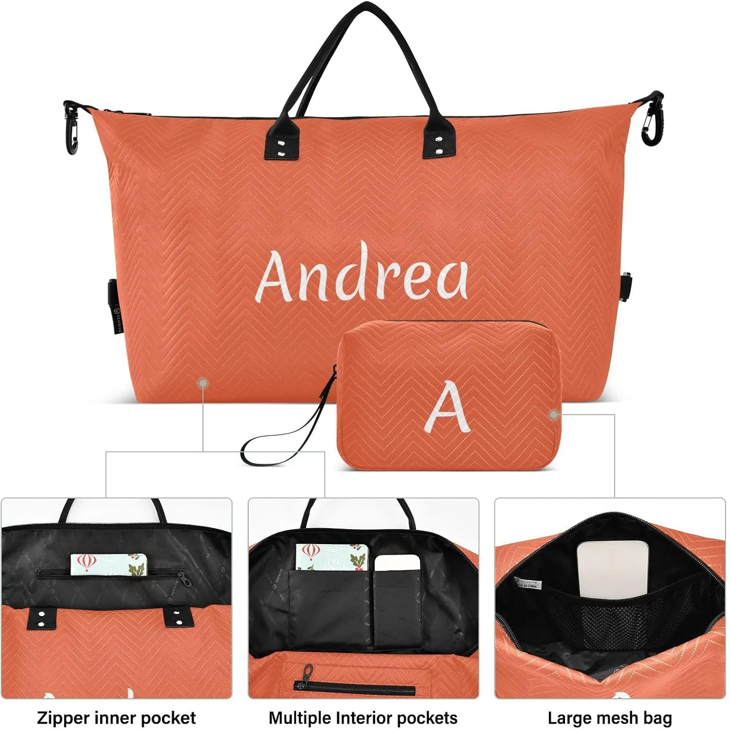 DOMIKING Dark Orange Personalized Duffel Bag Foldable Weekender Bag Overnight Bags for Women Men Custom Travel Bag with Toiletry Bag for Trip Gym Business, 2 Pcs