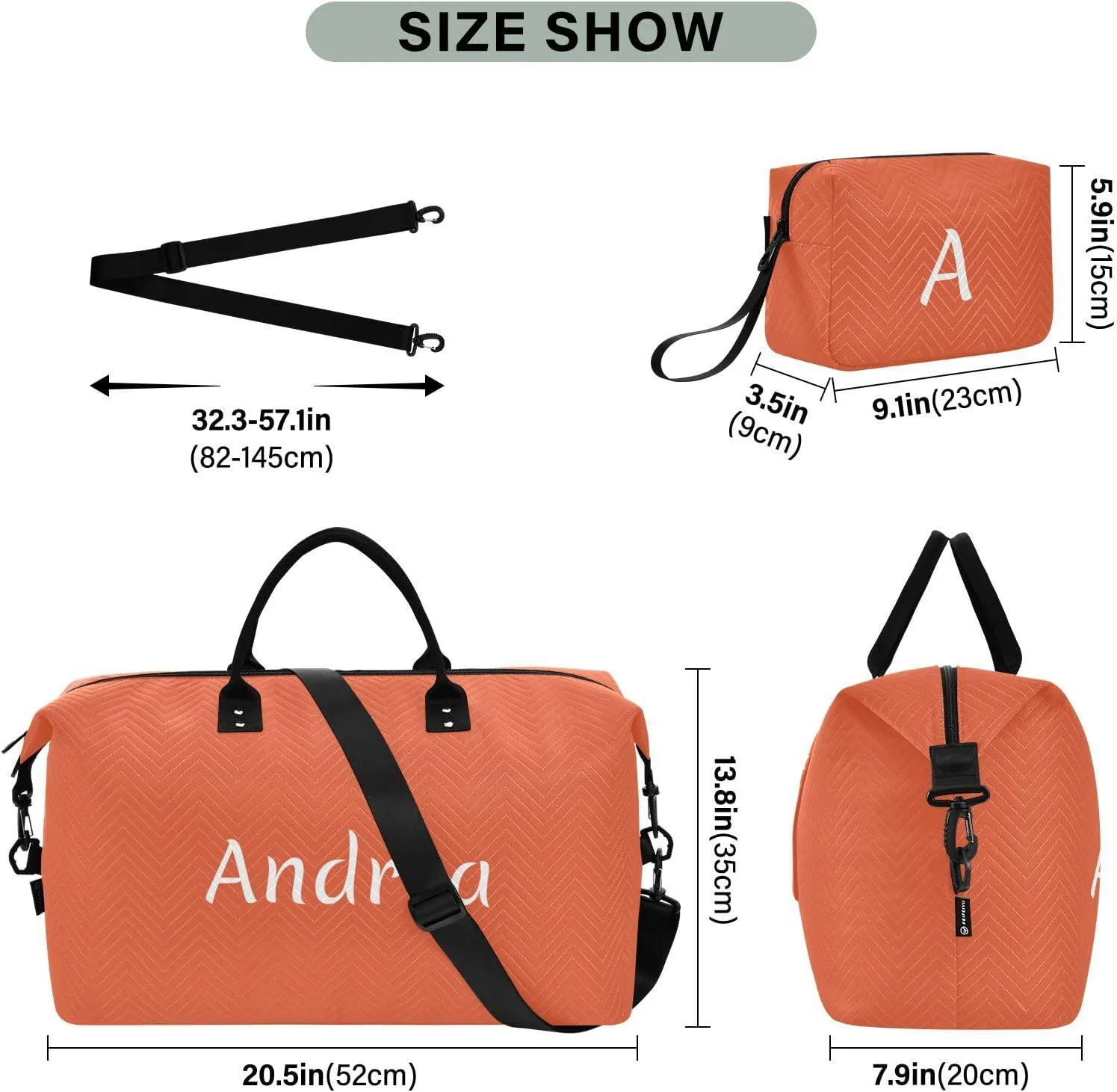 DOMIKING Dark Orange Personalized Duffel Bag Foldable Weekender Bag Overnight Bags for Women Men Custom Travel Bag with Toiletry Bag for Trip Gym Business, 2 Pcs