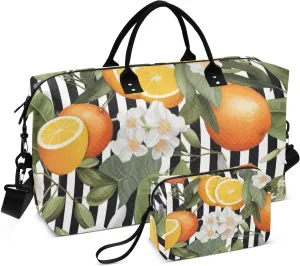 DOMIKING Lemon Flora Leave Stripe Travel Duffle Bag Foldable Weekender Overnight Bags for Women Men Carry On Bag Personal Item Travel Bag with Toiletry Bag for Sports Business Trip, 2 Pcs