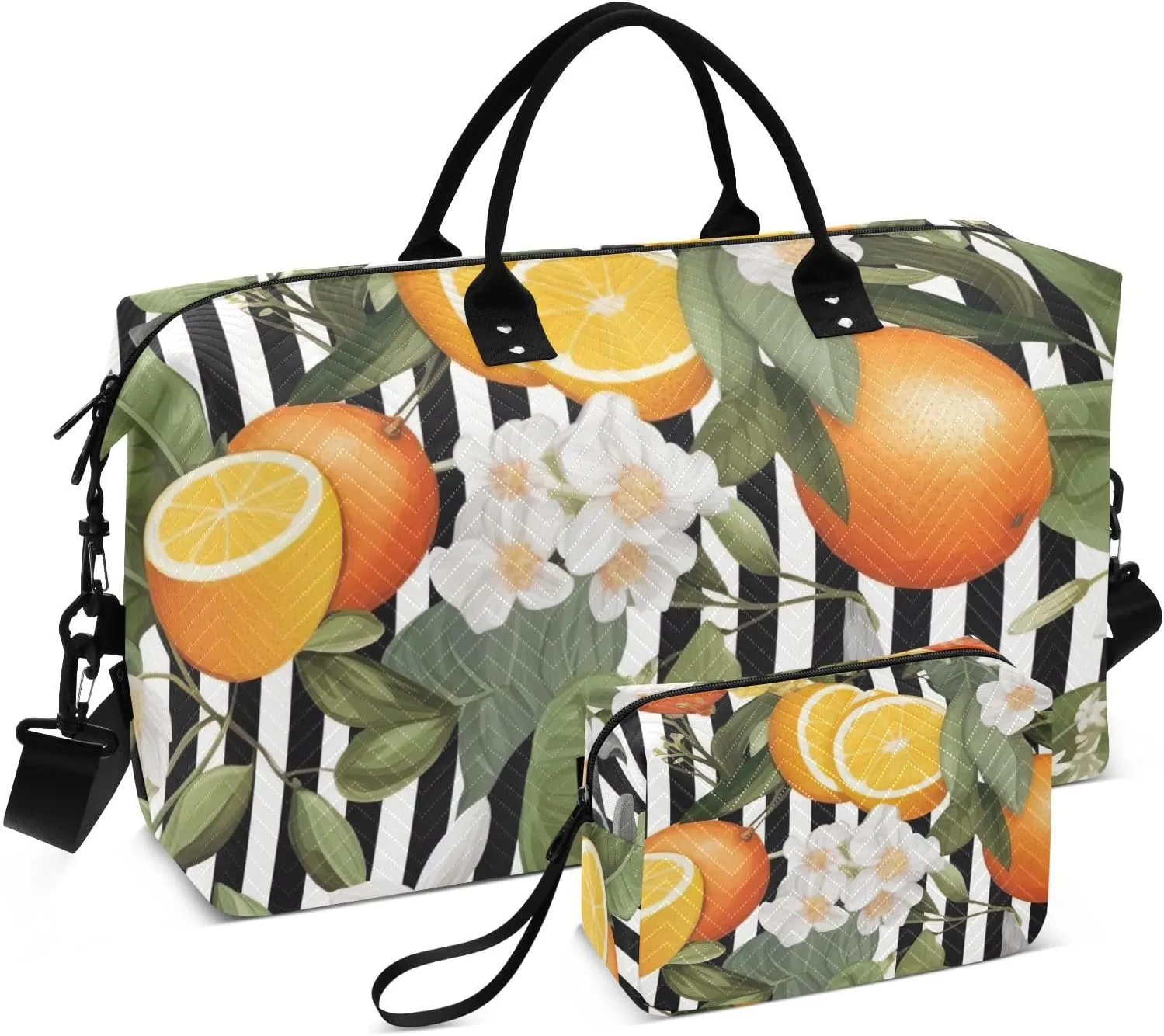 DOMIKING Lemon Flora Leave Stripe Travel Duffle Bag Foldable Weekender Overnight Bags for Women Men Carry On Bag Personal Item Travel Bag with Toiletry Bag for Sports Business Trip, 2 Pcs