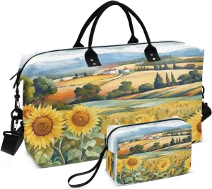 DOMIKING Oil Painting Sunflower Village Travel Duffle Bag Foldable Weekender Overnight Bags for Women Men Carry On Gym Bag Personal Item Travel Bag with Toiletry Bag for Travel Men Business, 2 Pcs