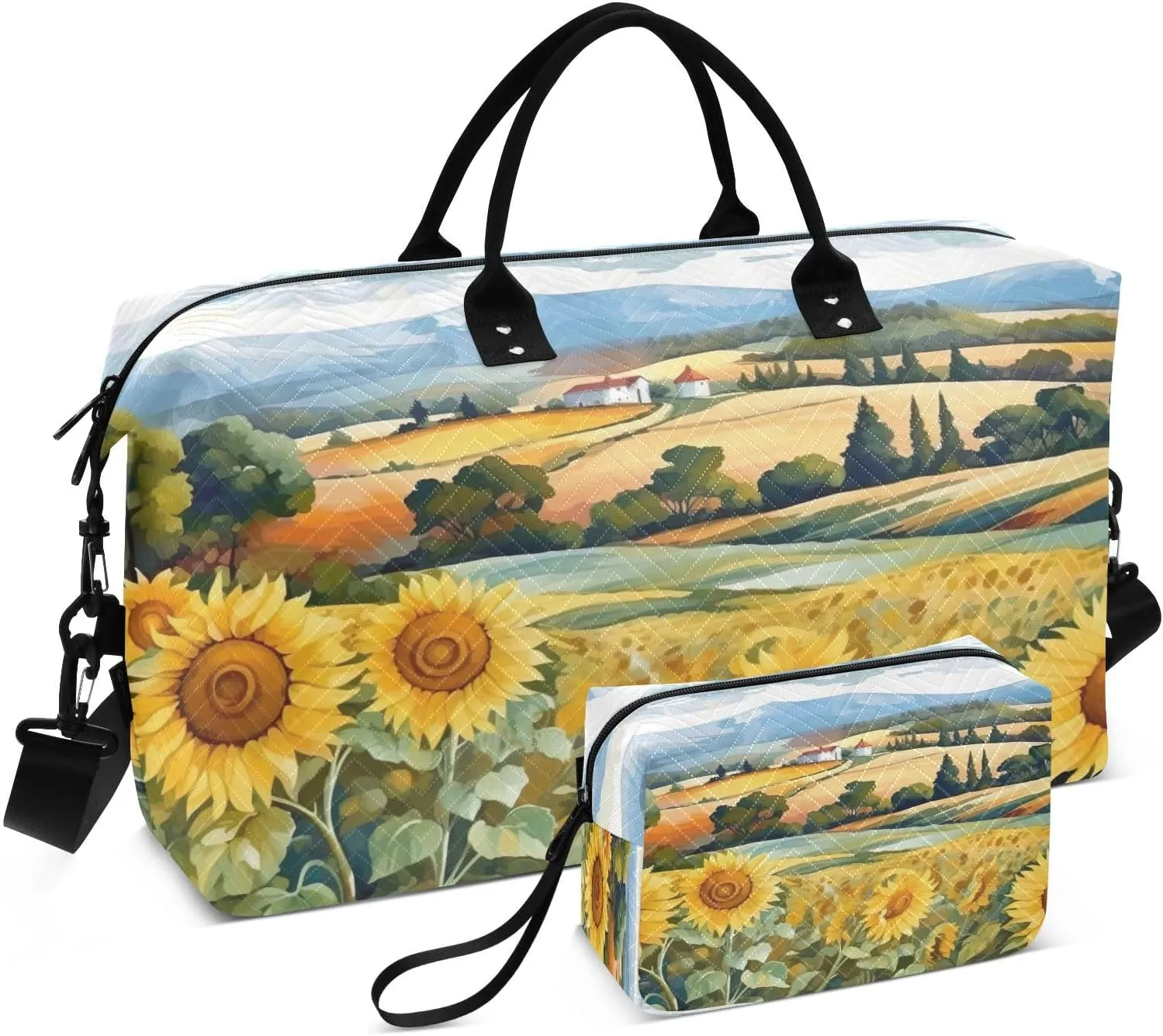 DOMIKING Oil Painting Sunflower Village Travel Duffle Bag Foldable Weekender Overnight Bags for Women Men Carry On Gym Bag Personal Item Travel Bag with Toiletry Bag for Travel Men Business, 2 Pcs