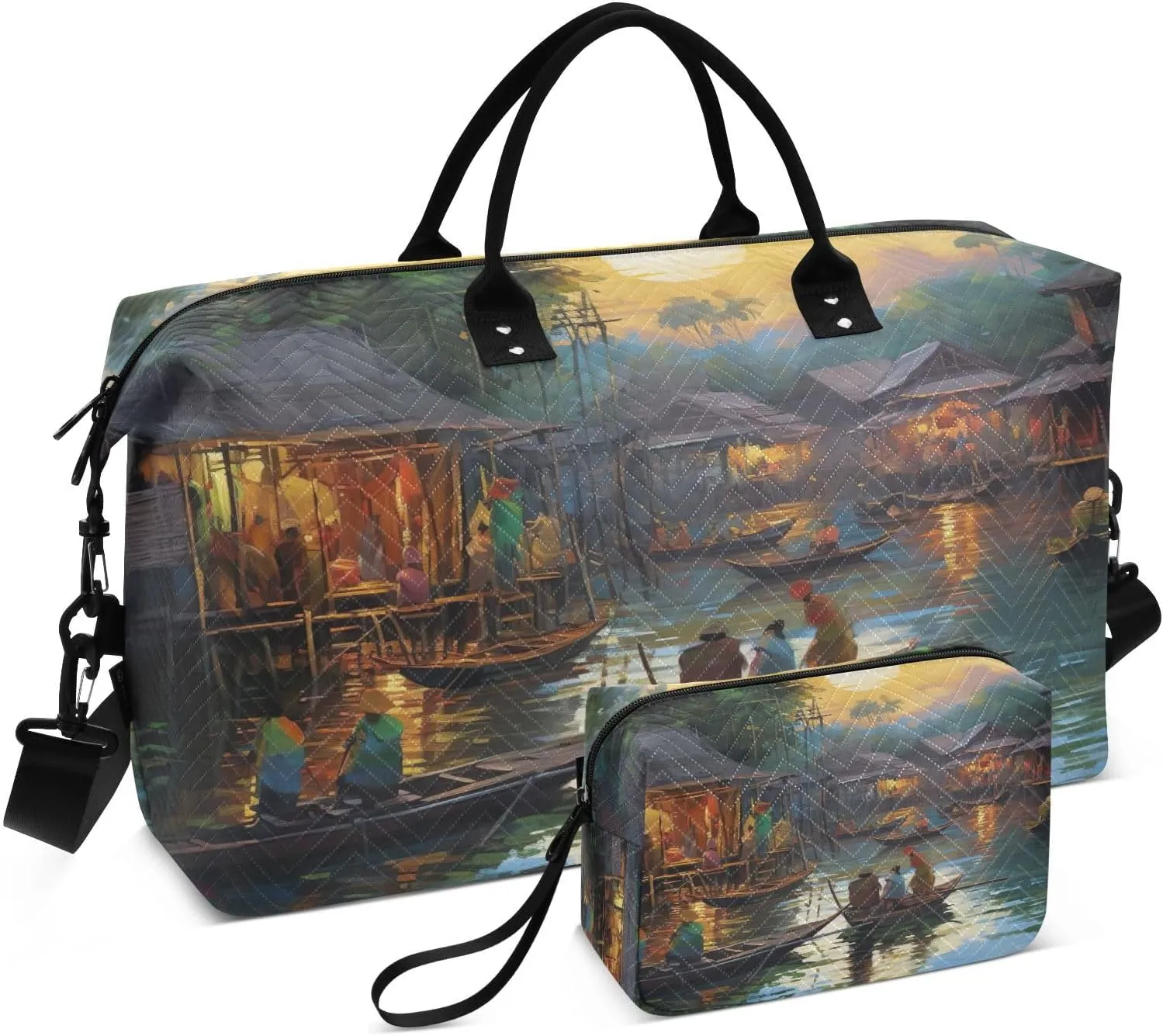 DOMIKING Painting Old Village River Travel Duffle Bag Foldable Weekender Overnight Bags for Women Men Carry On Bag Personal Item Travel Bag with Toiletry Bag for Sport Business Weekend, 2 Pcs