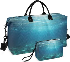 DOMIKING Sunlight Underwater Travel Duffle Bag Foldable Weekender Overnight Bags for Women Men Carry On Luggage Bag Personal Item Travel Bag with Toiletry Bag for Business Hospital Trip, 2 Pcs