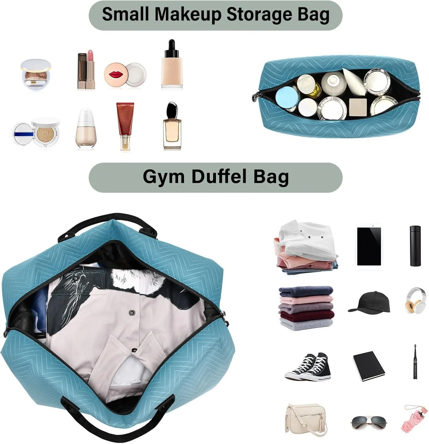 DOMIKING White Blue Gradient Travel Duffle Bag Foldable Weekender Overnight Bags for Women Men Carry On Gym Bag Personal Item Travel Bag with Toiletry Bag for Business Trip Travel Gym, 2 Pcs