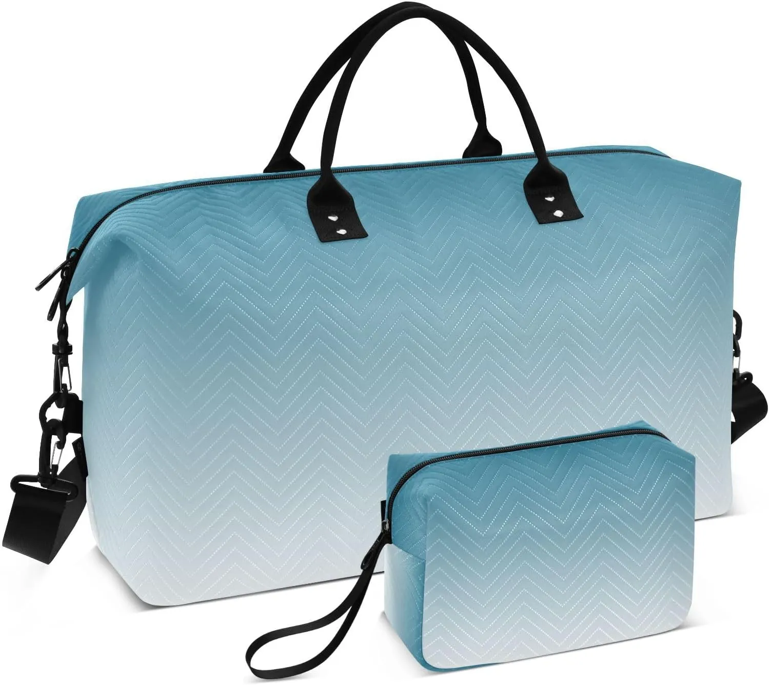 DOMIKING White Blue Gradient Travel Duffle Bag Foldable Weekender Overnight Bags for Women Men Carry On Gym Bag Personal Item Travel Bag with Toiletry Bag for Business Trip Travel Gym, 2 Pcs