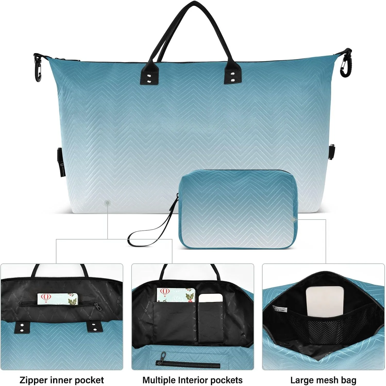 DOMIKING White Blue Gradient Travel Duffle Bag Foldable Weekender Overnight Bags for Women Men Carry On Gym Bag Personal Item Travel Bag with Toiletry Bag for Business Trip Travel Gym, 2 Pcs