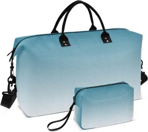 DOMIKING White Blue Gradient Travel Duffle Bag Foldable Weekender Overnight Bags for Women Men Carry On Gym Bag Personal Item Travel Bag with Toiletry Bag for Business Trip Travel Gym, 2 Pcs