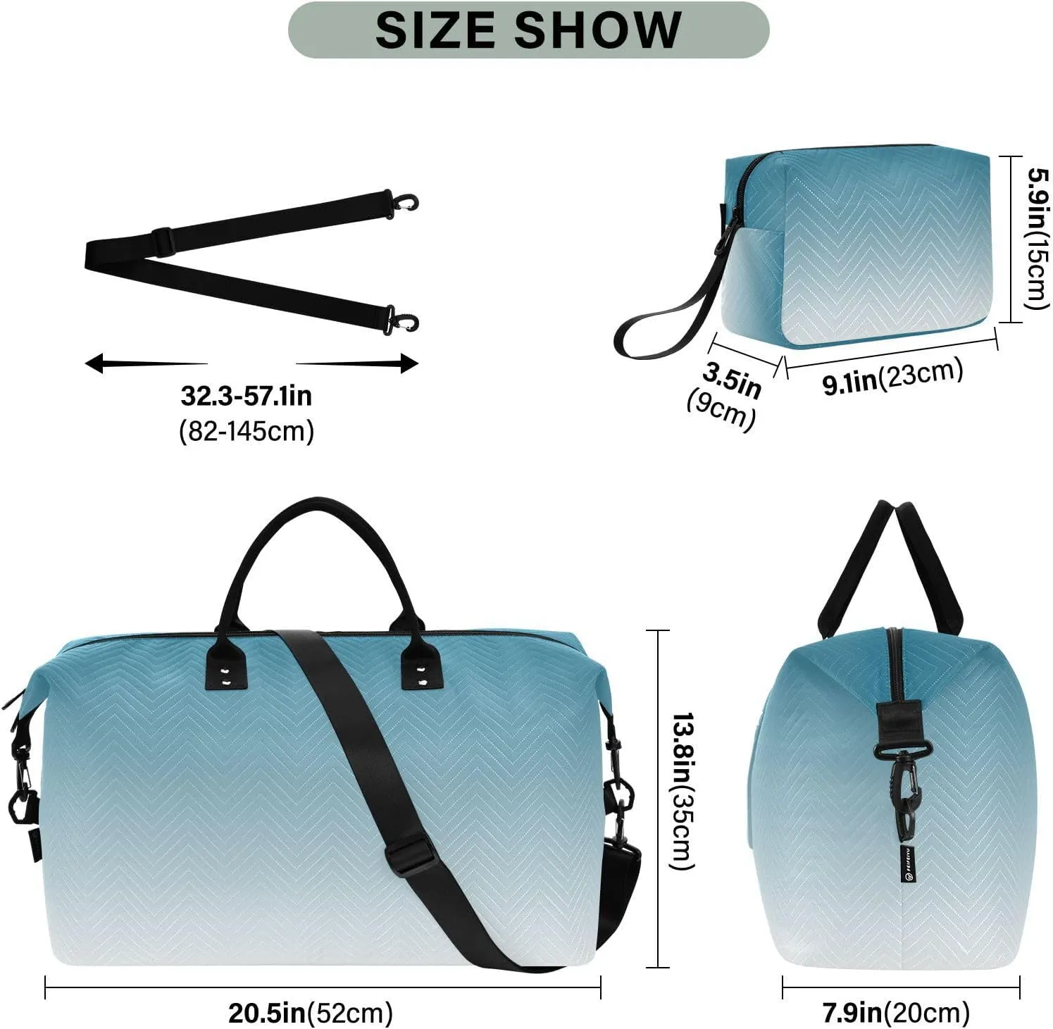DOMIKING White Blue Gradient Travel Duffle Bag Foldable Weekender Overnight Bags for Women Men Carry On Gym Bag Personal Item Travel Bag with Toiletry Bag for Business Trip Travel Gym, 2 Pcs
