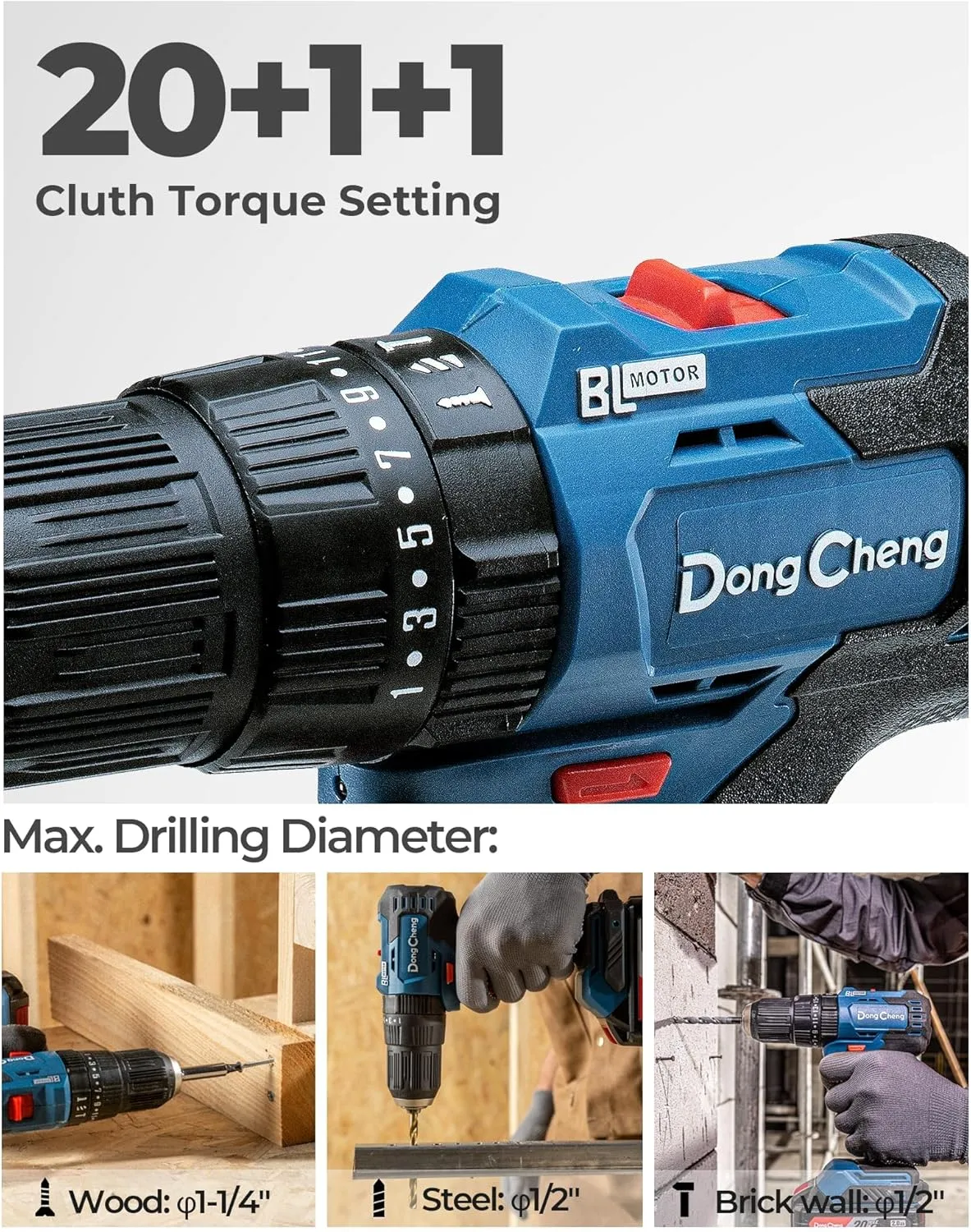 Dong Cheng 20V Brushless Heavy-duty Impact Drill, 443 in-lbs, 27000 BPM, 1/2" Keyless Metal Chuck, 20 1 1 Clutch, Cordless Hammer Drill for Drilling Brick Wall, Metal, Wood, Bare Tool