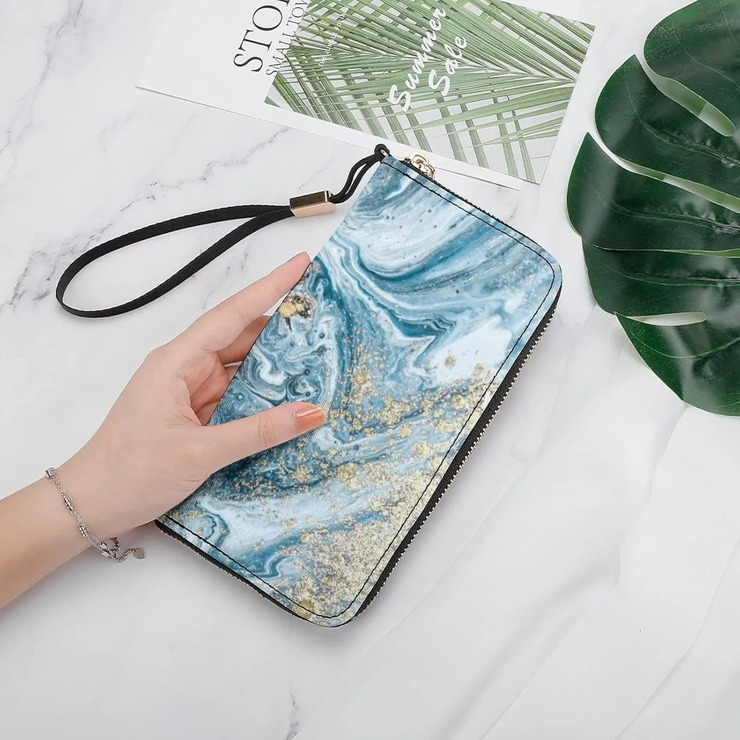 Donnapink Long Clutch Wallet, Long Handbag with Wristlet Strap, PU Leather Zip Purse