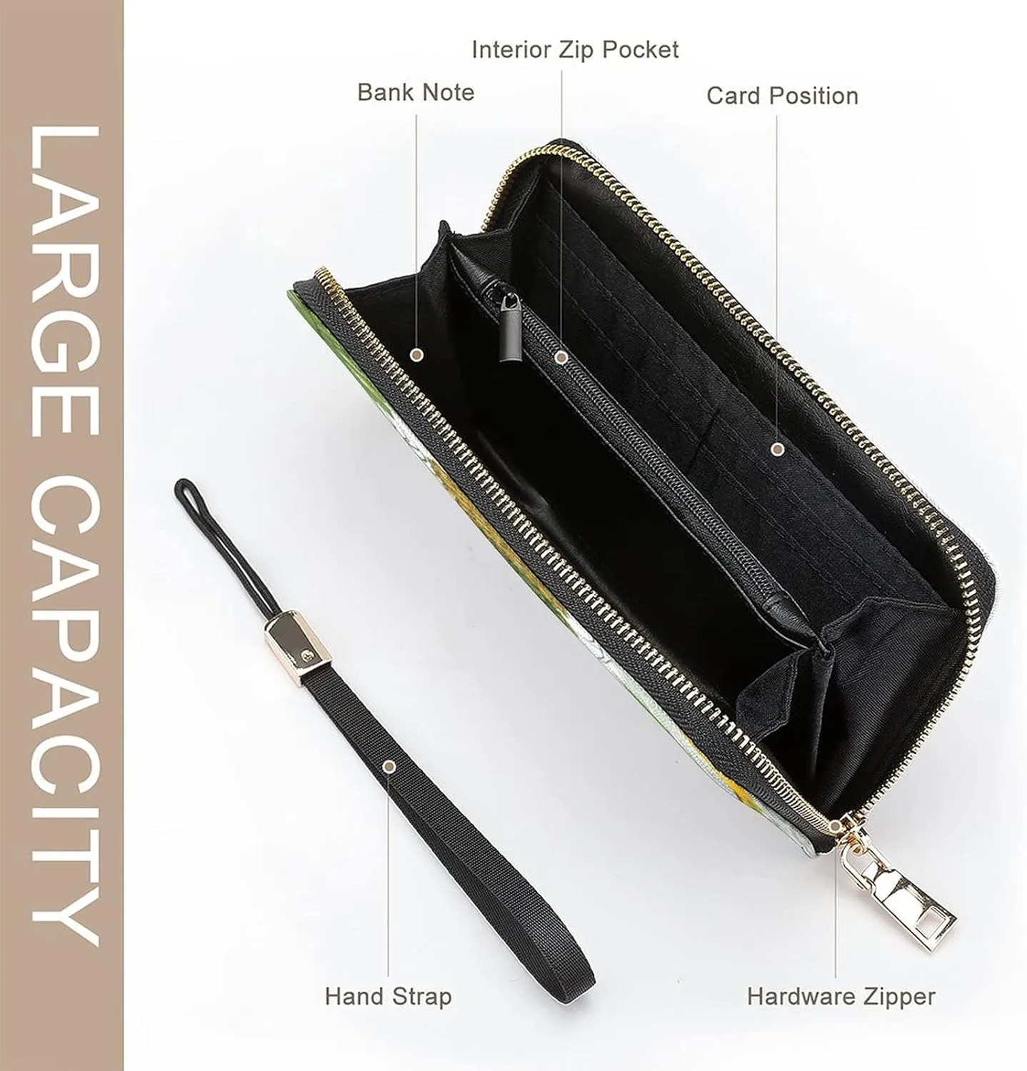 Donnapink Long Clutch Wallet, Long Handbag with Wristlet Strap, PU Leather Zip Purse