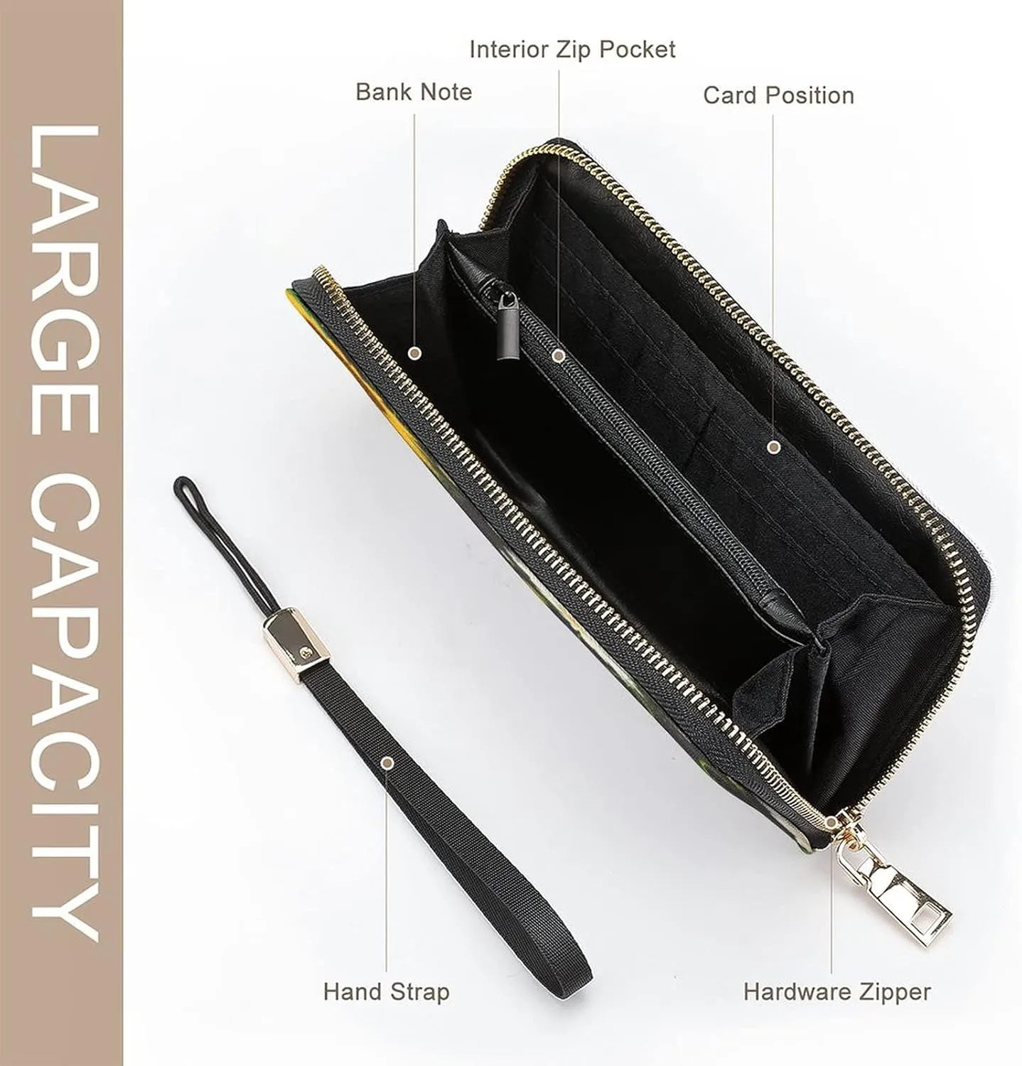 Donnapink Long Clutch Wallet, Long Handbag with Wristlet Strap, PU Leather Zip Purse