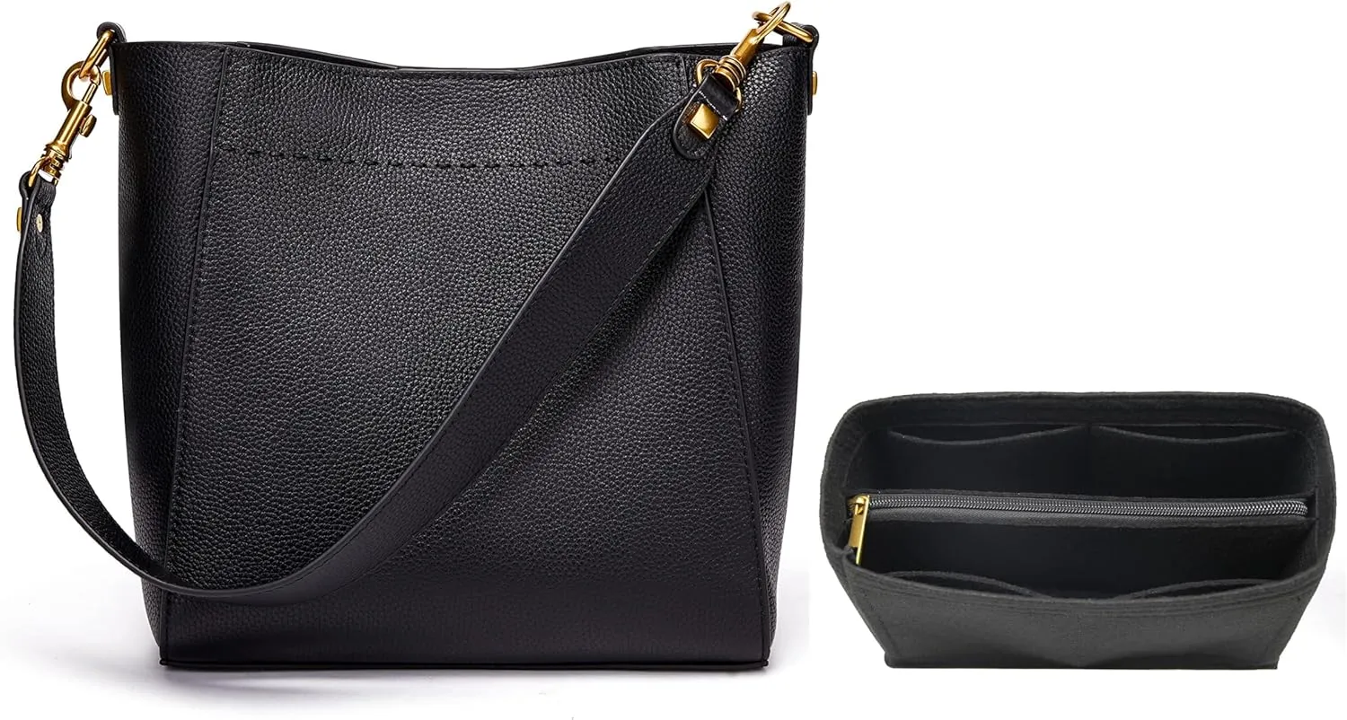 DORIS&JACKY Leather Bucket Tote Bags for Women Designer Shoulder Hobo Purse and Handbags with Detachable Wide Strap