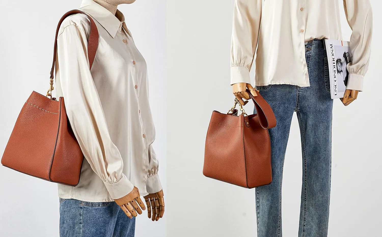 DORIS&JACKY Leather Bucket Tote Bags for Women Designer Shoulder Hobo Purse and Handbags with Detachable Wide Strap