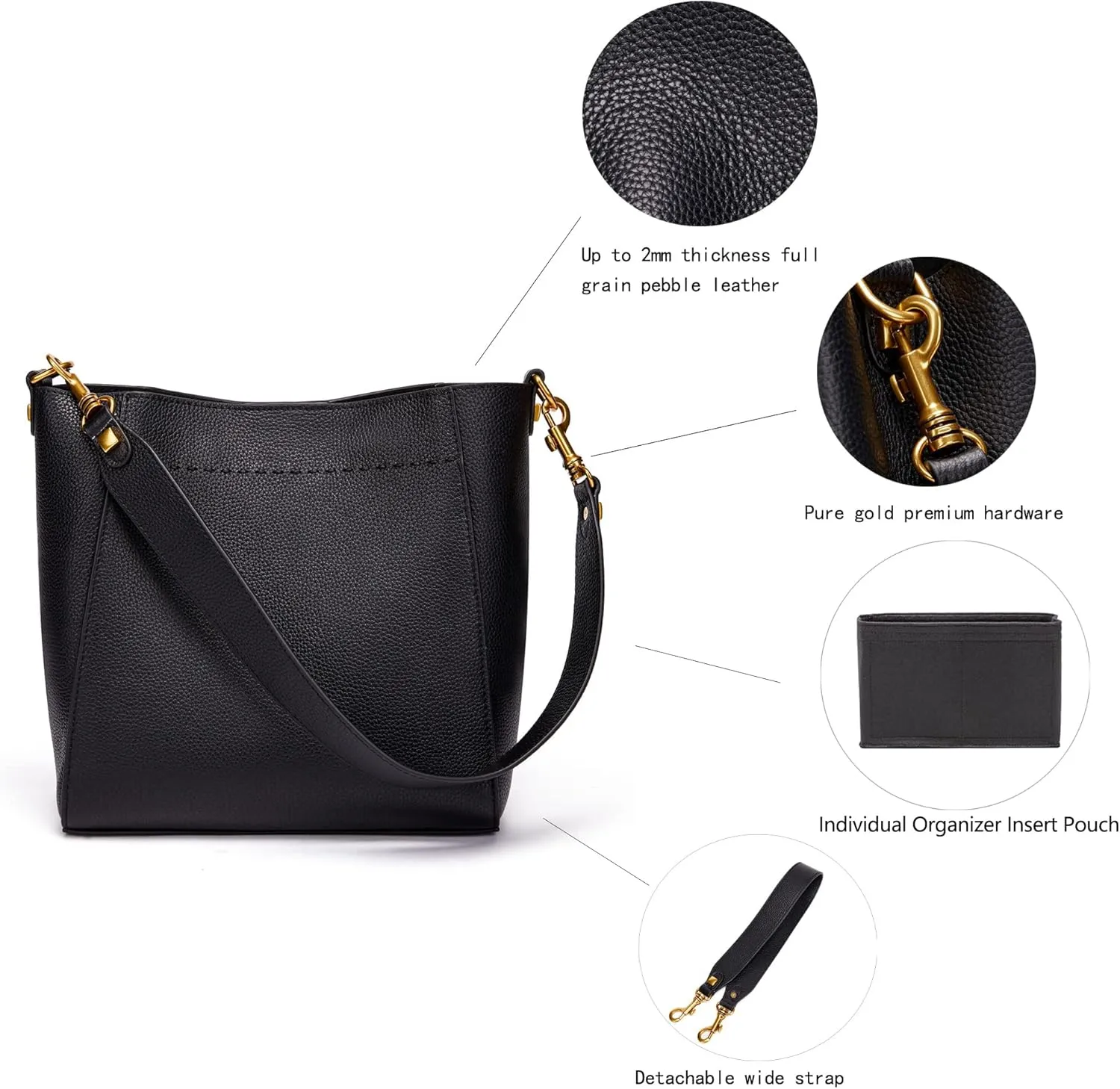 DORIS&JACKY Leather Bucket Tote Bags for Women Designer Shoulder Hobo Purse and Handbags with Detachable Wide Strap