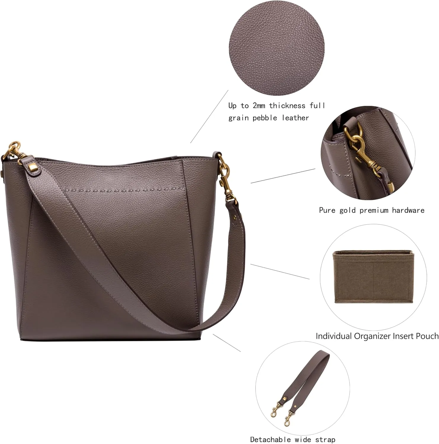 DORIS&JACKY Leather Bucket Tote Bags for Women Designer Shoulder Hobo Purse and Handbags with Detachable Wide Strap