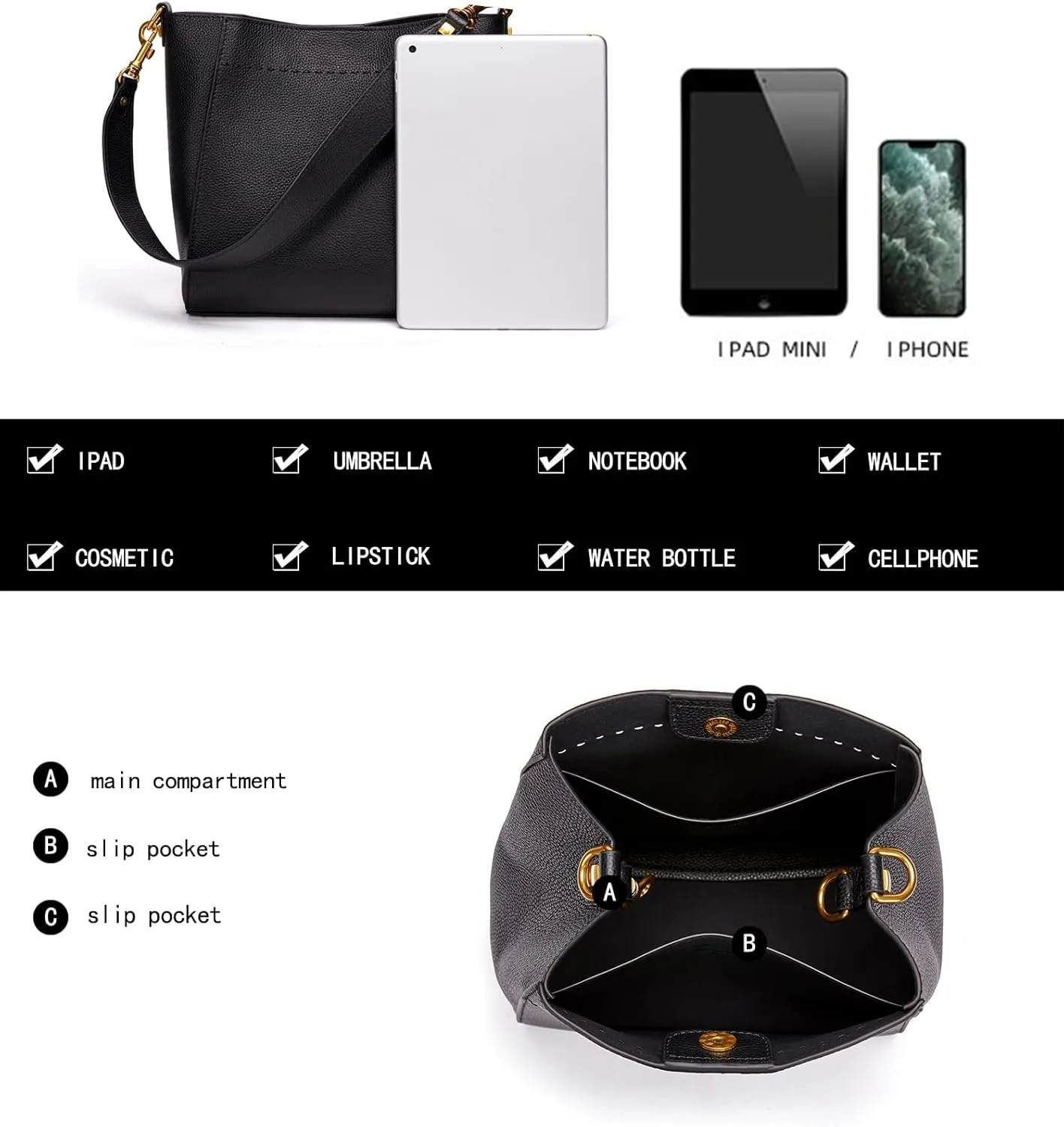 DORIS&JACKY Leather Bucket Tote Bags for Women Designer Shoulder Hobo Purse and Handbags with Detachable Wide Strap