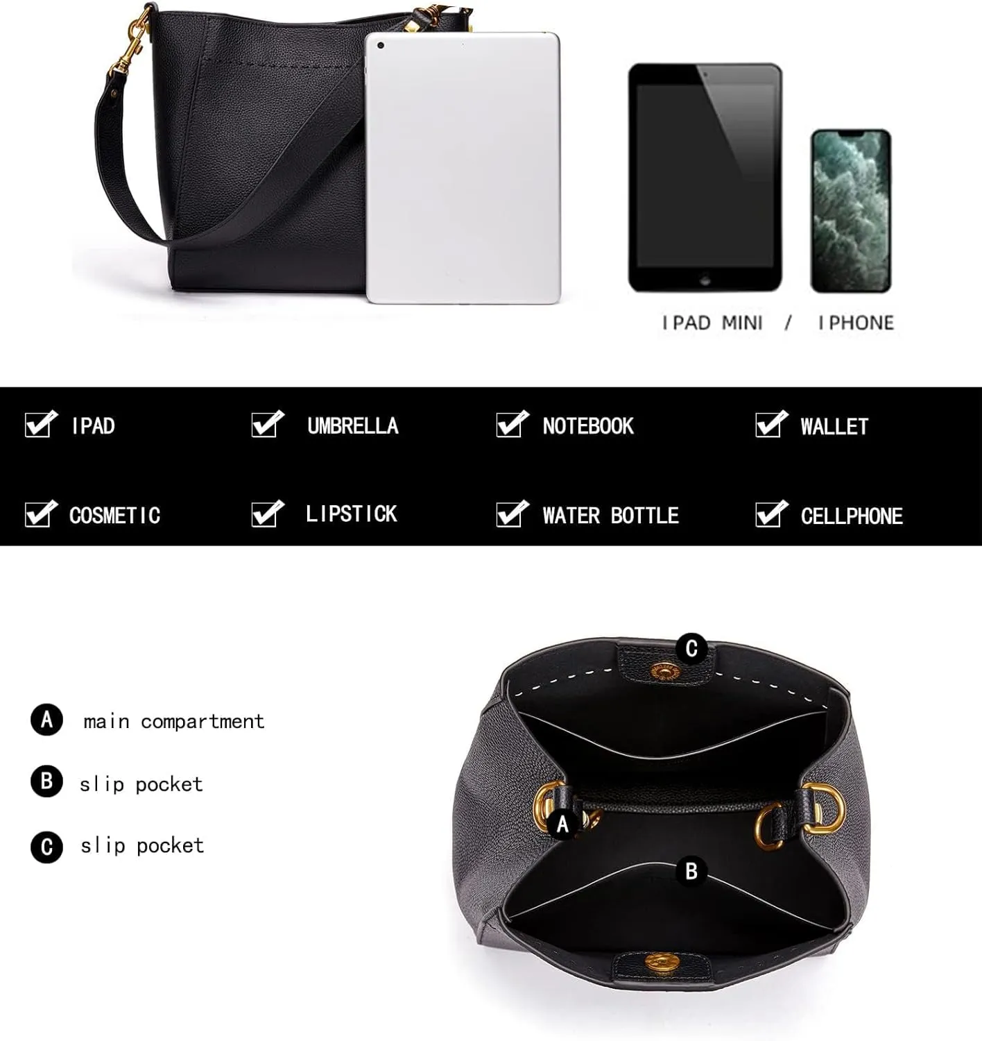 DORIS&JACKY Leather Bucket Tote Bags for Women Designer Shoulder Hobo Purse and Handbags with Detachable Wide Strap
