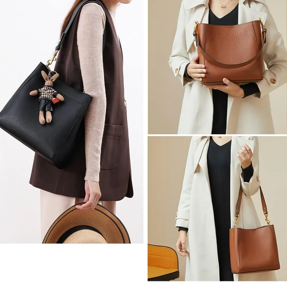 DORIS&JACKY Leather Bucket Tote Bags for Women Designer Shoulder Hobo Purse and Handbags with Detachable Wide Strap