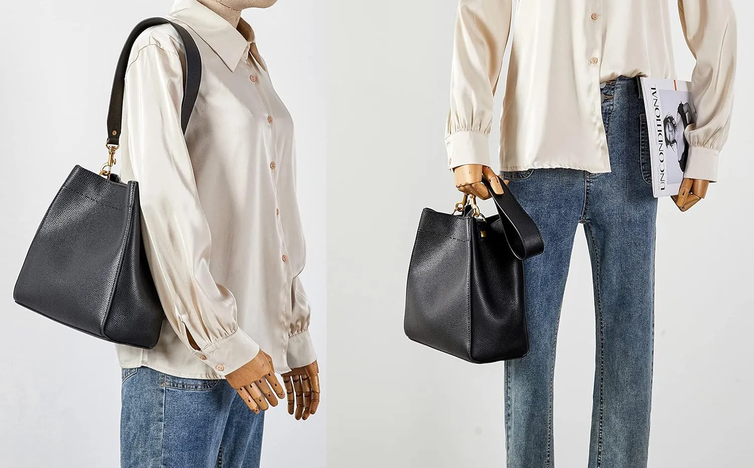 DORIS&JACKY Leather Bucket Tote Bags for Women Designer Shoulder Hobo Purse and Handbags with Detachable Wide Strap