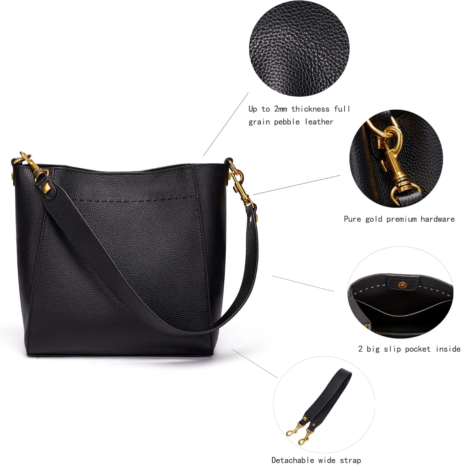 DORIS&JACKY Leather Bucket Tote Bags for Women Designer Shoulder Hobo Purse and Handbags with Detachable Wide Strap