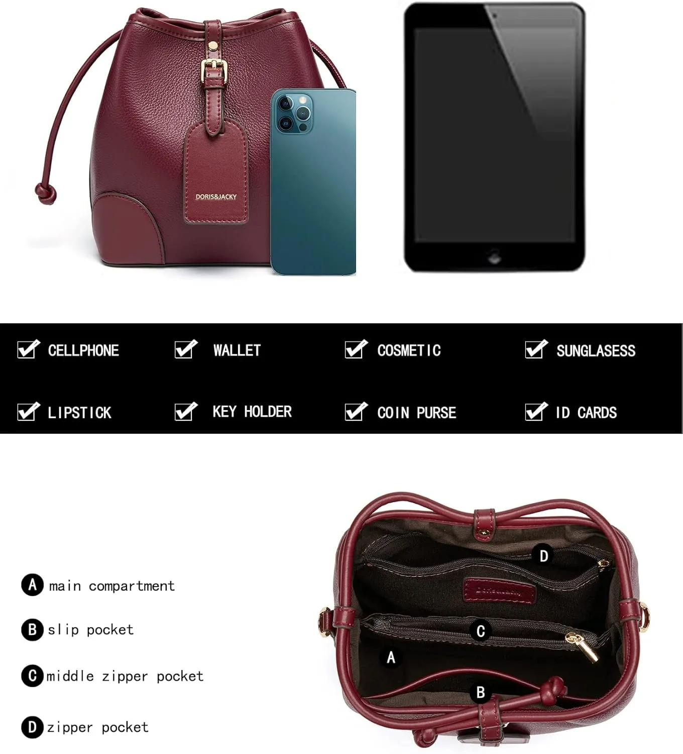 DORIS&JACKY Small Leather Bucket Hobo Purse for Women Designer Drawstring Crossbody Bag and Handbags