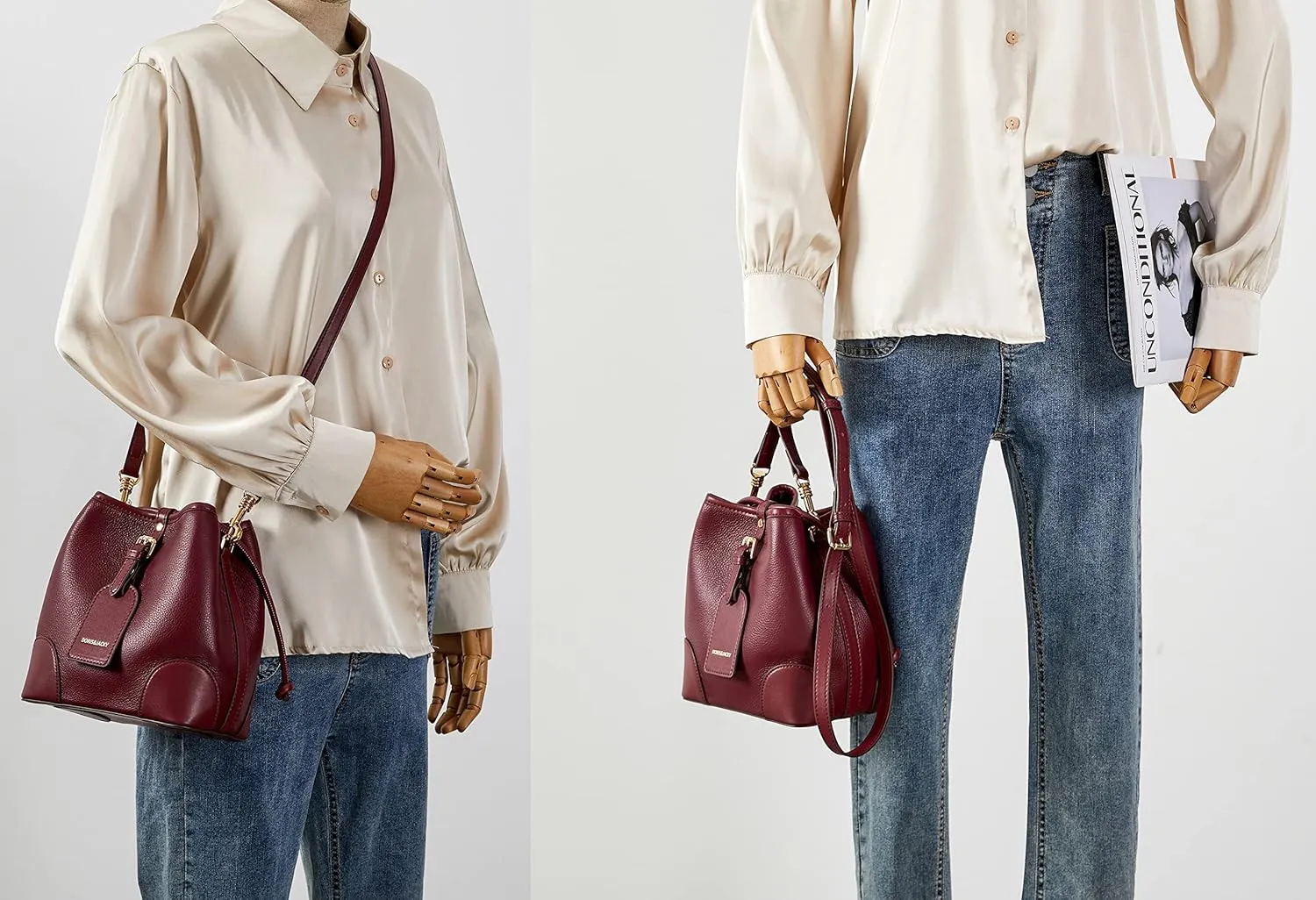 DORIS&JACKY Small Leather Bucket Hobo Purse for Women Designer Drawstring Crossbody Bag and Handbags