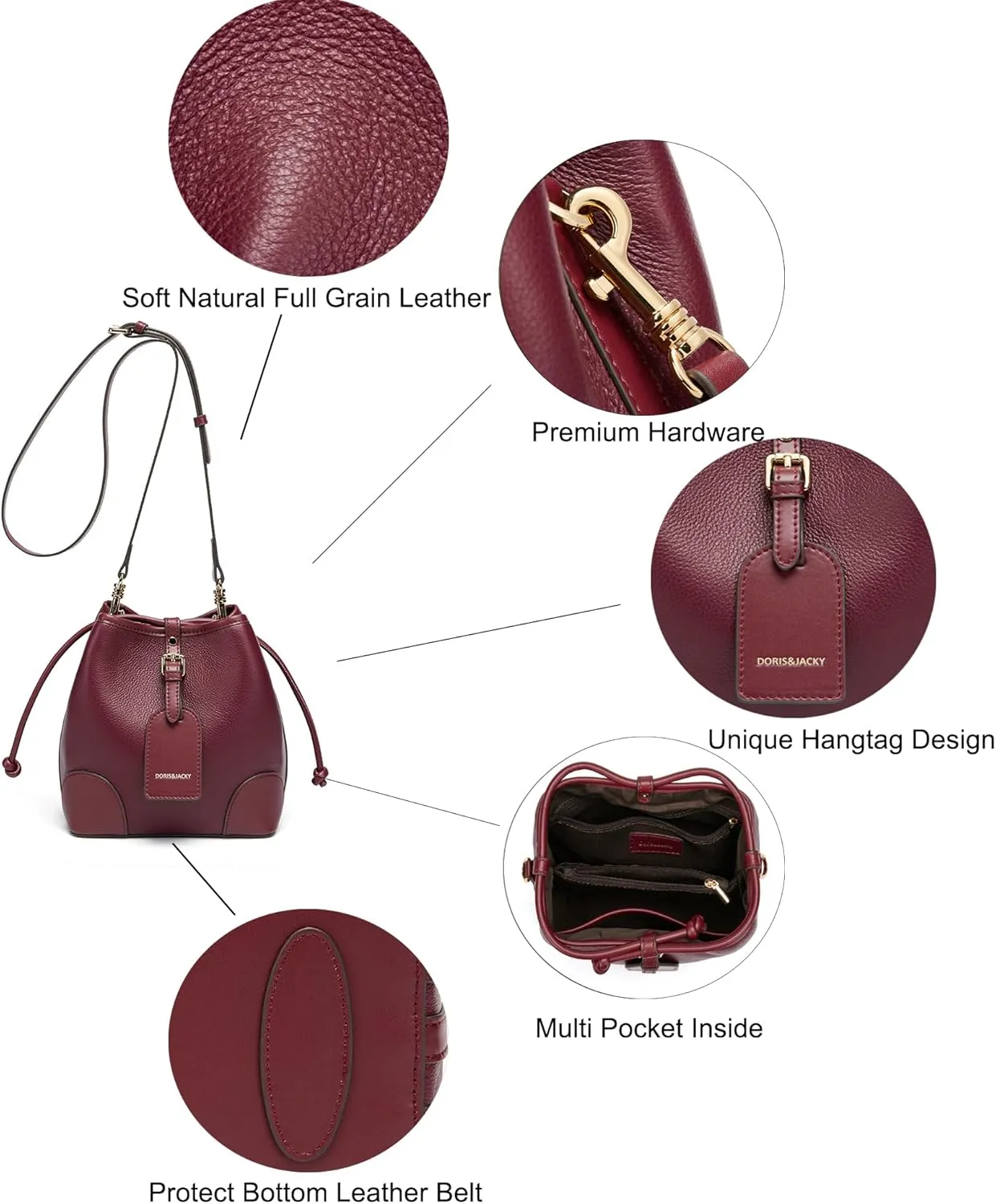 DORIS&JACKY Small Leather Bucket Hobo Purse for Women Designer Drawstring Crossbody Bag and Handbags
