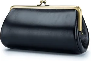 DORIS&JACKY Vintage Leather Clutch Purses for Women Small Evening Bag With Kiss Lock