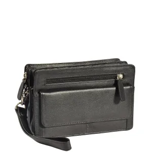 DR318 Real Leather Wrist Bag Clutch Travel Black