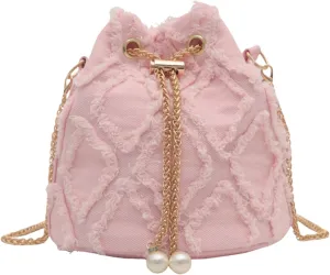 Drawstring Bucket Bag |Bucket Bag, Fashion Bucket Bags for Women, Polyester Drawstring Bags, Elegant Tote Bag with Chain, Portable Shoulder Bag for Work School and Date