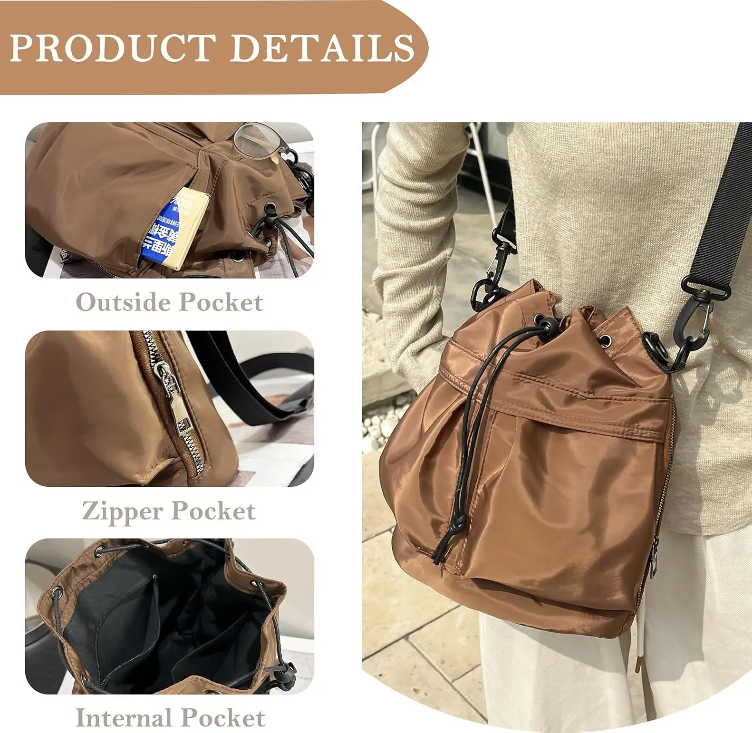 Drawstring Bucket Bag Nylon Crossbody Tote Bag Handbags for Women