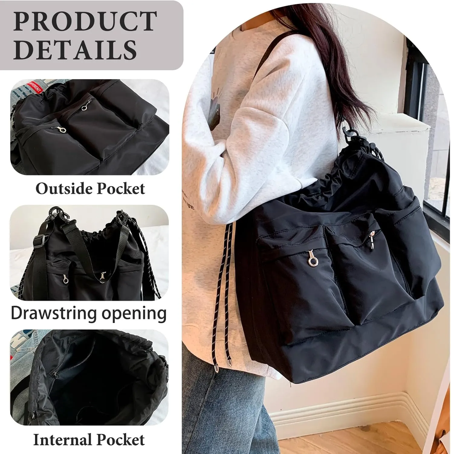 Drawstring Bucket Bag Nylon Crossbody Tote Bag Handbags for Women