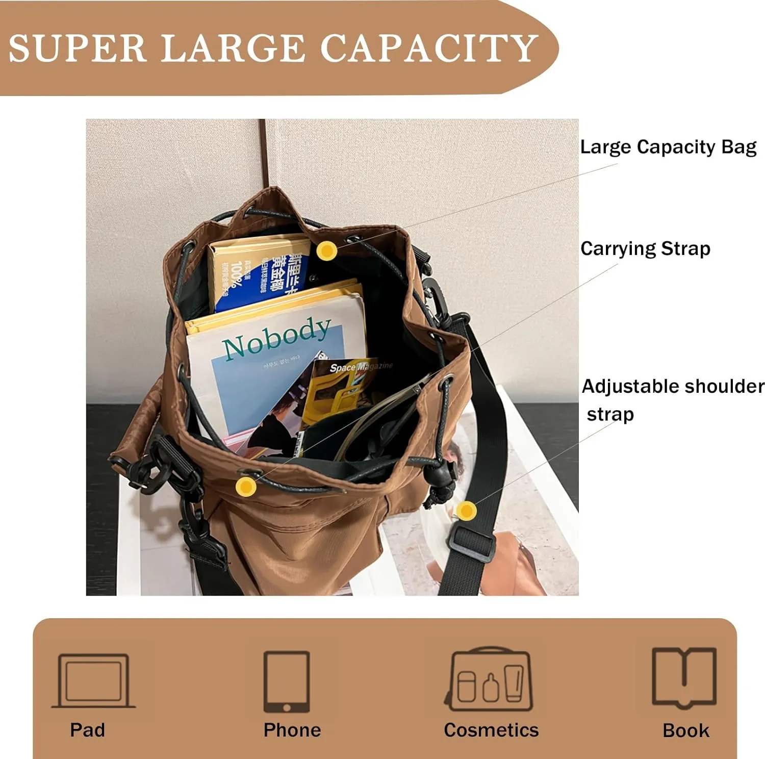 Drawstring Bucket Bag Nylon Crossbody Tote Bag Handbags for Women