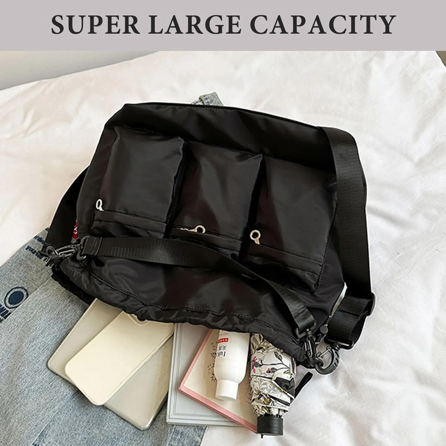 Drawstring Bucket Bag Nylon Crossbody Tote Bag Handbags for Women