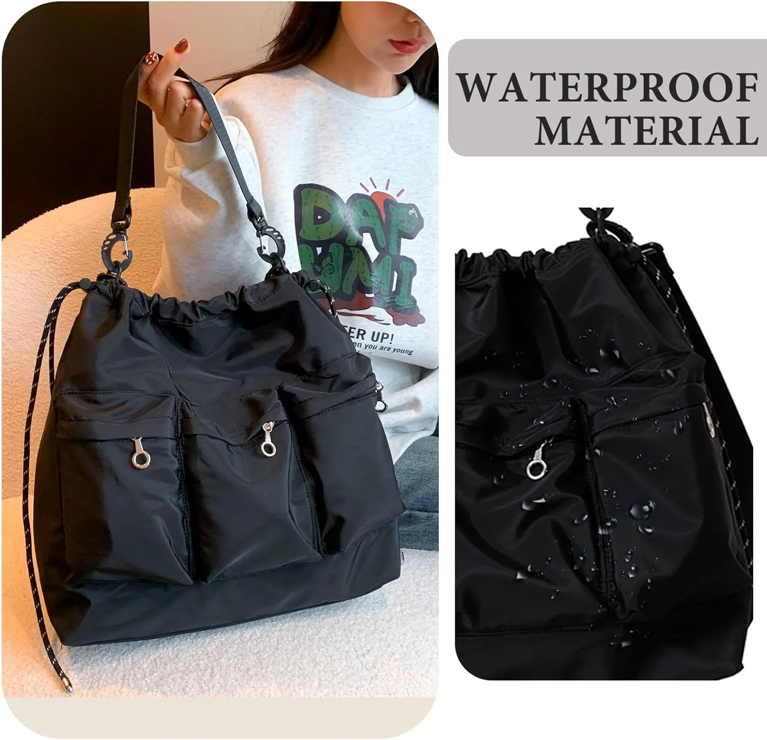 Drawstring Bucket Bag Nylon Crossbody Tote Bag Handbags for Women
